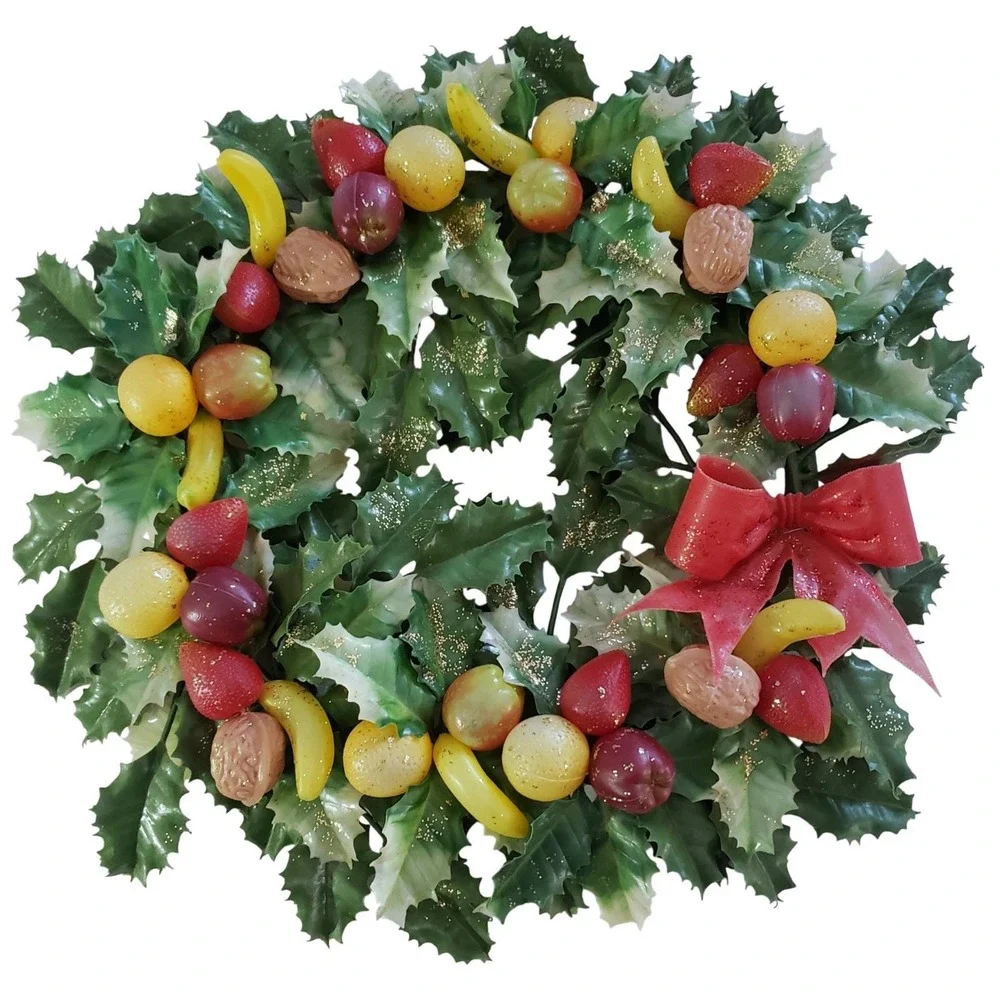 Christmas Wreath Vintage Plastic Fruit Nut Berries Holly Glitter Mid Century MCM